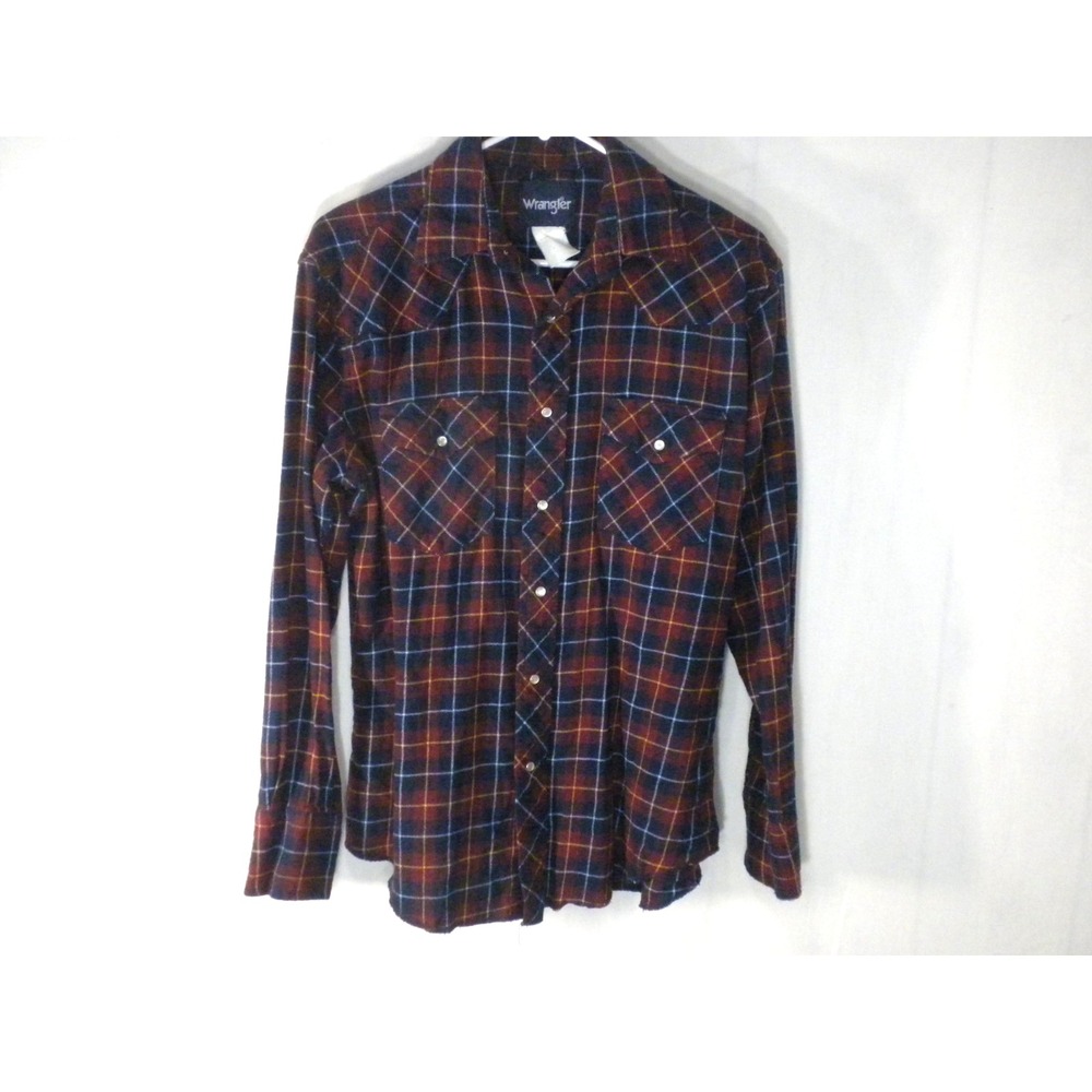 Wrangler Shirt Mens L Red Blue Plaid Pearl Snap Flannel Yoke Raw Hem Western - Picture 2 of 8